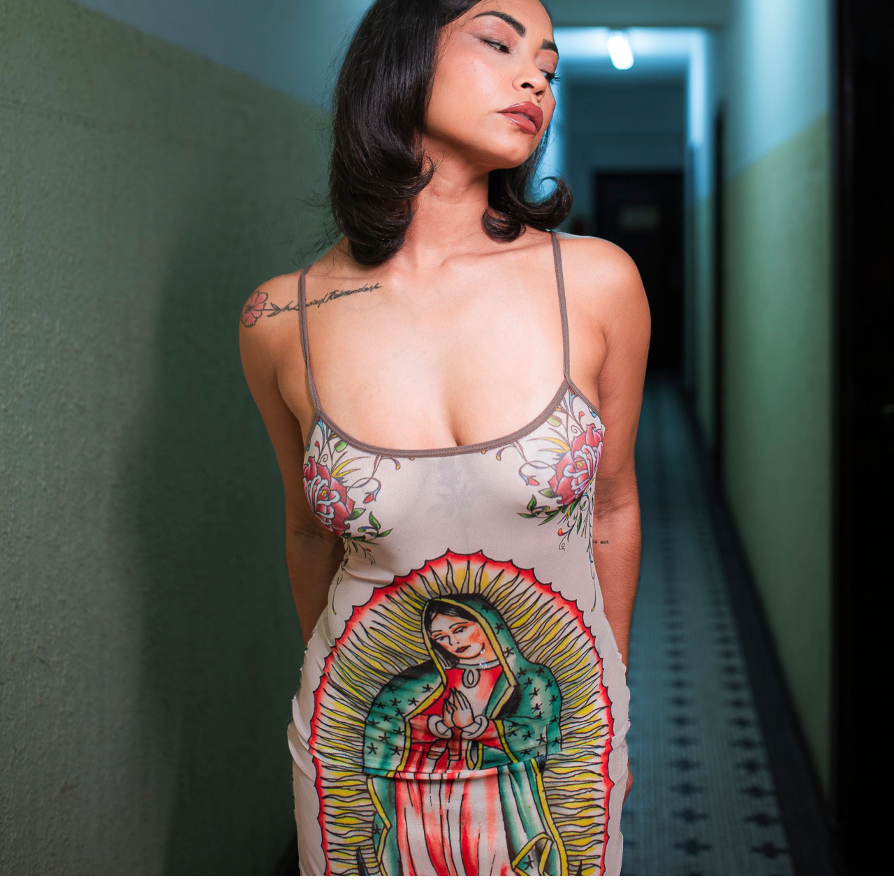 Vestido Tule Santa Maria Tattoo Dress - Bege/Colorido