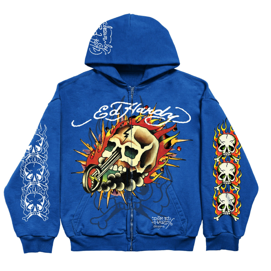 Blusa de Moletom com Capuz "Flaming Skull" Azul